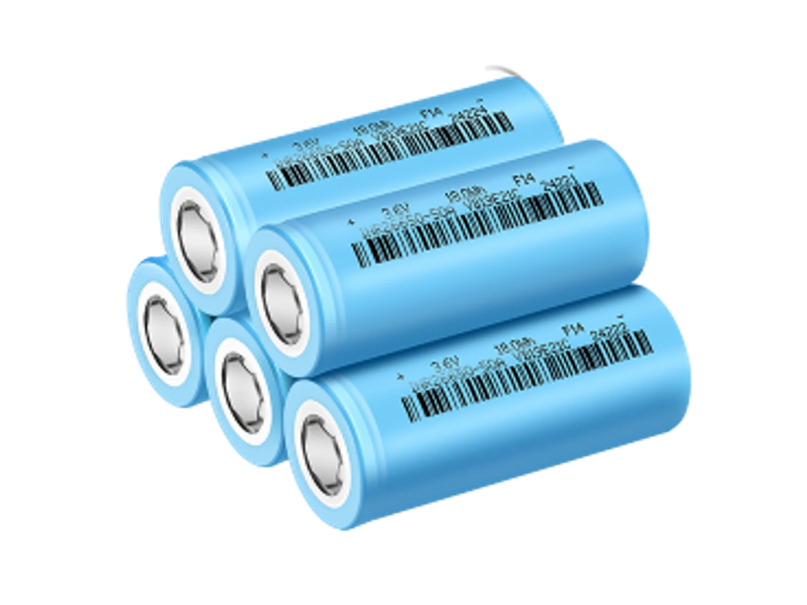 Six blue cylindrical LiFePO4 cells grouped together