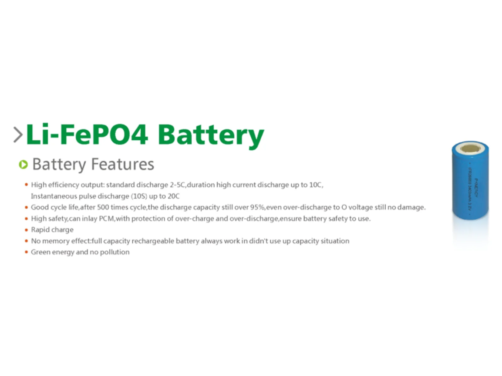 LiFePO4 cylindrical cell and feature overview graphic