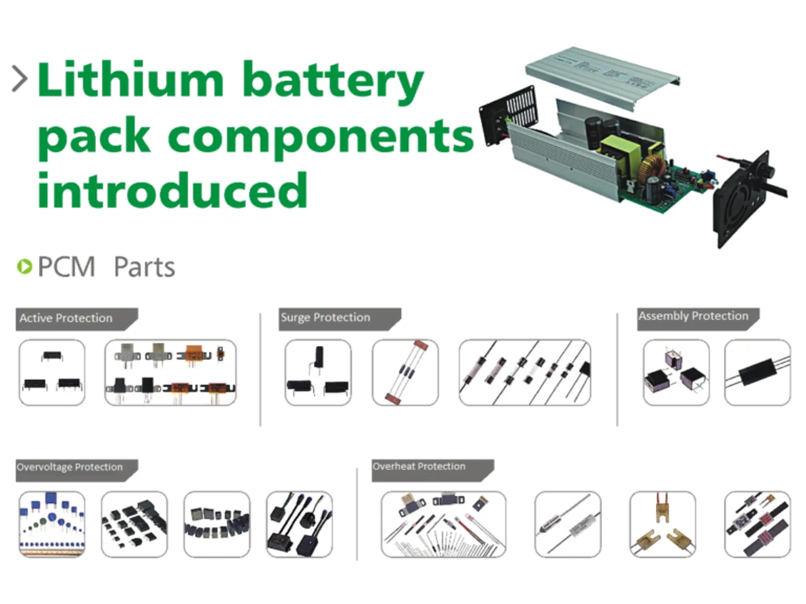 Protection-circuit module parts and pack-component overview