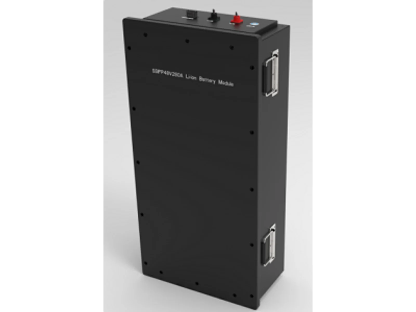 Black floor-standing 48V battery bank enclosure with side handles