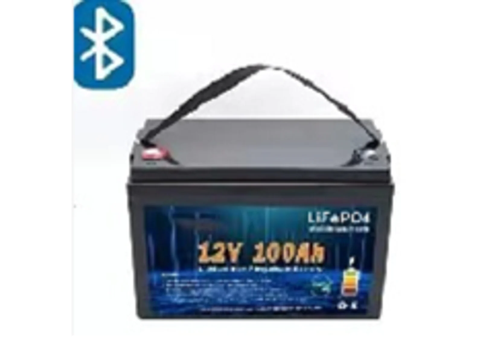 12V 100Ah LiFePO4 battery with a carry handle and Bluetooth symbol