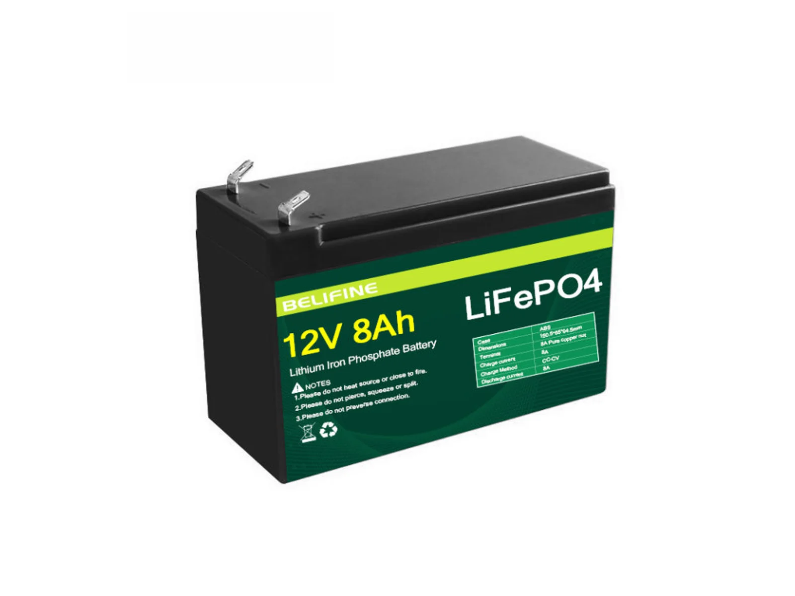 Compact 12V 8Ah LiFePO4 battery with a top carry strap