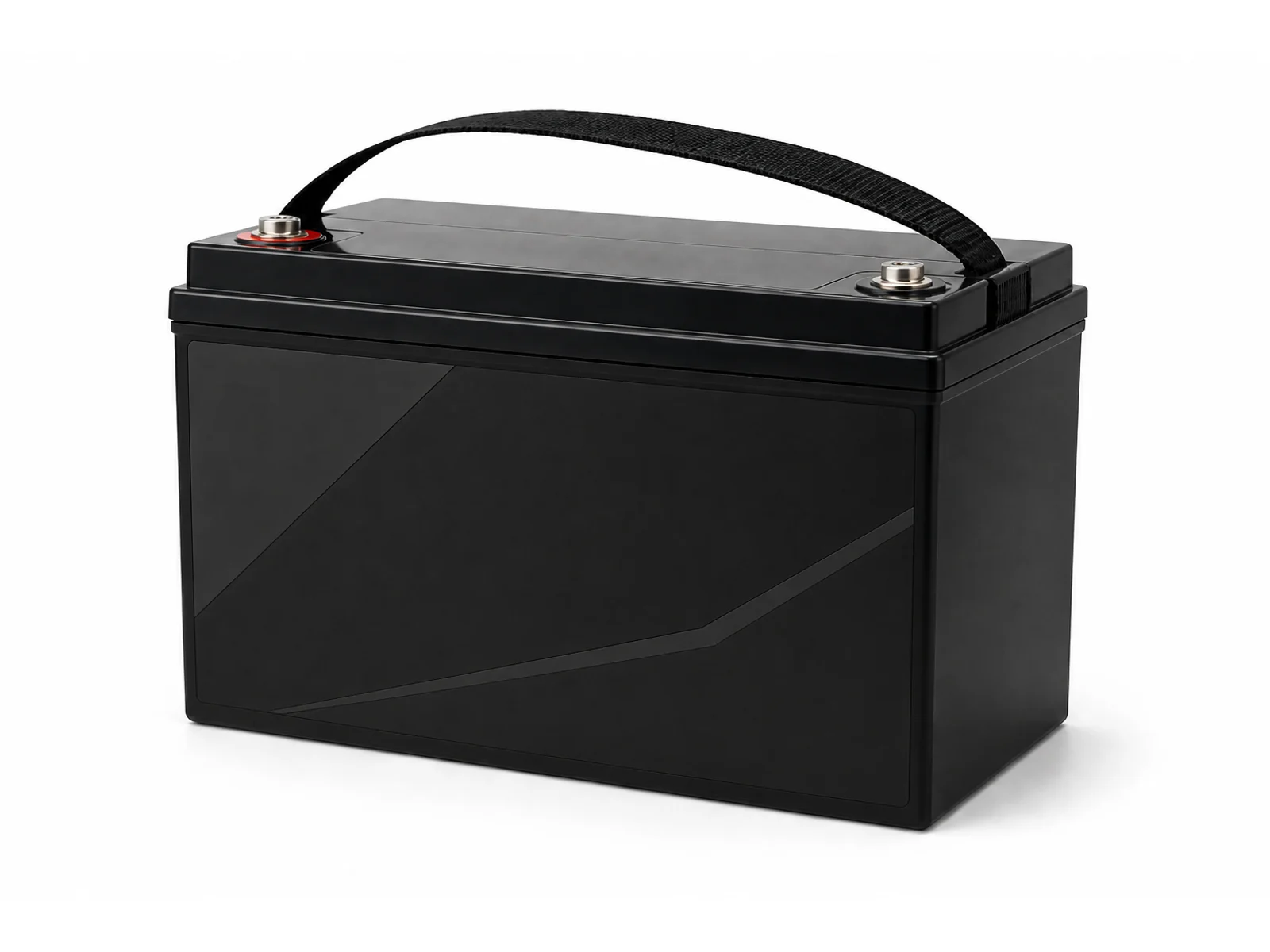 Illustration of a black SLA-format battery enclosure with a plain dark front panel