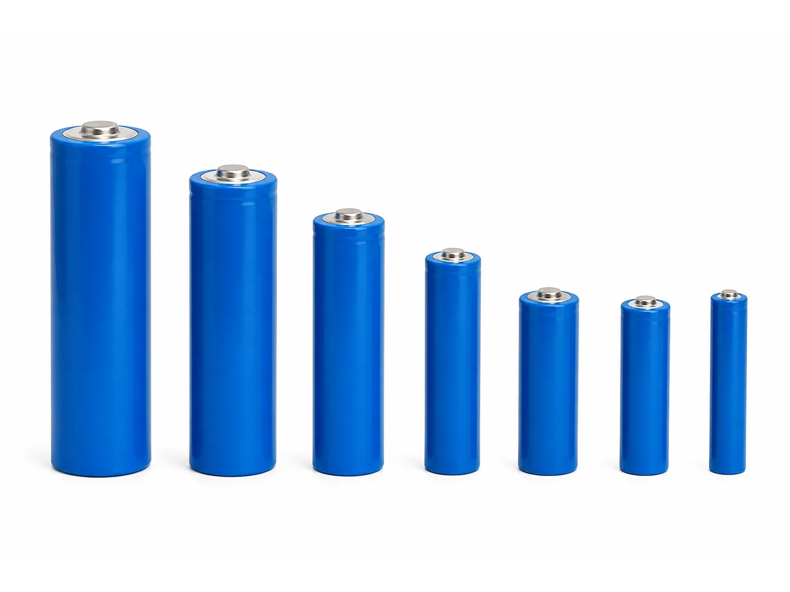 Illustration of seven blue cylindrical battery form factors