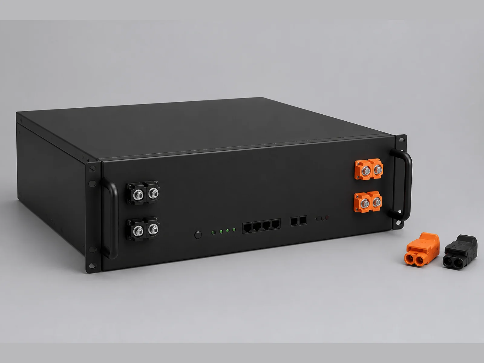 Illustration of a black rack battery enclosure with unlabeled ports and orange connectors