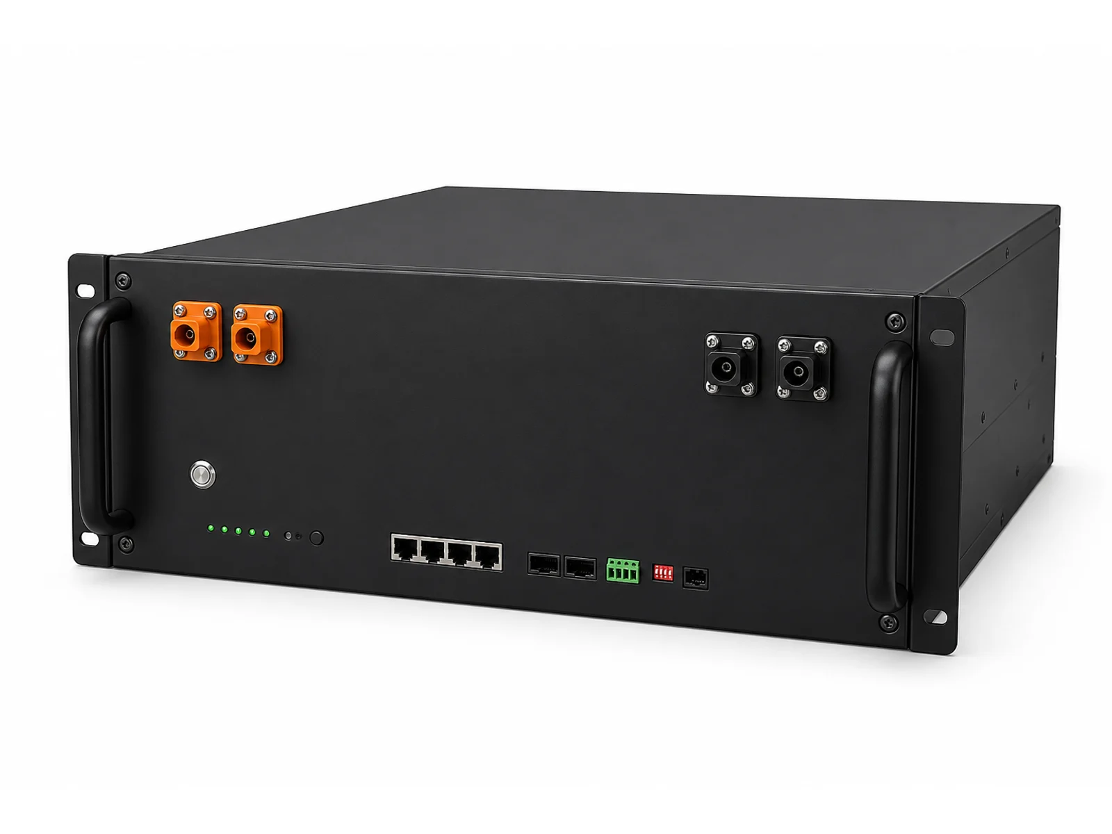 Illustration of a tall black rack battery enclosure with unlabeled ports