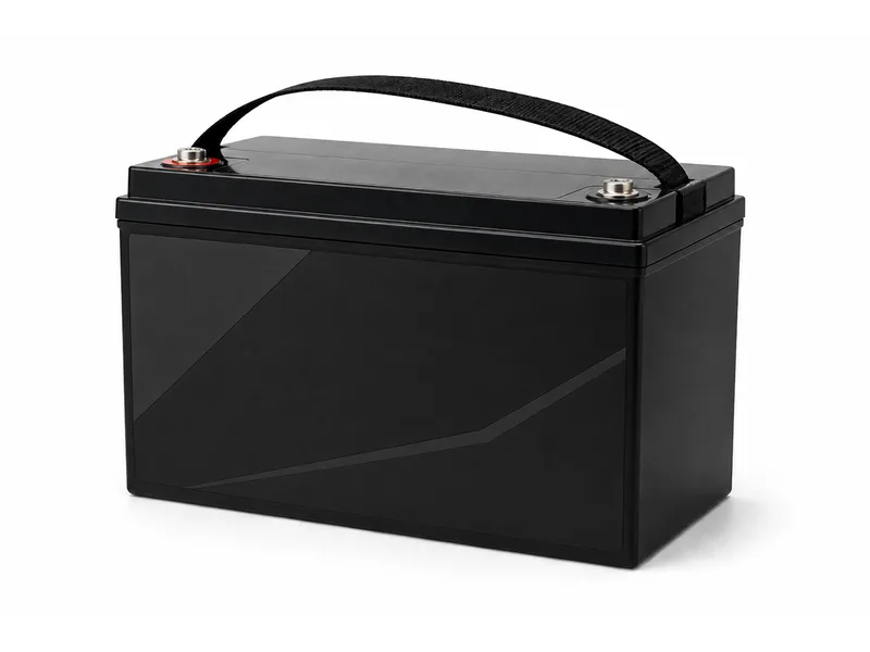 Illustration of a black SLA-format battery enclosure with a plain dark front panel