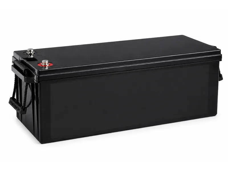 Illustration of a long black SLA-format battery enclosure with a plain dark front panel