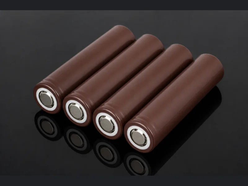 Illustration of four brown cylindrical lithium cells on a dark reflective surface