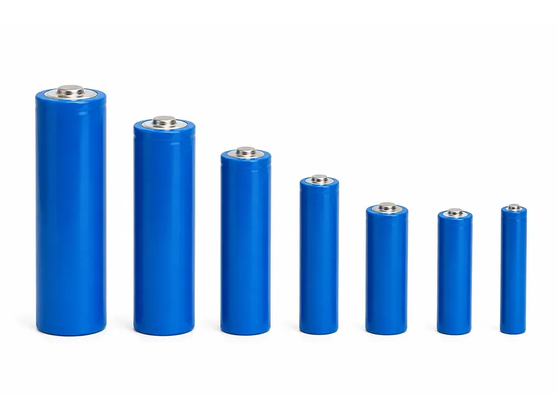 Illustration of seven blue cylindrical battery form factors